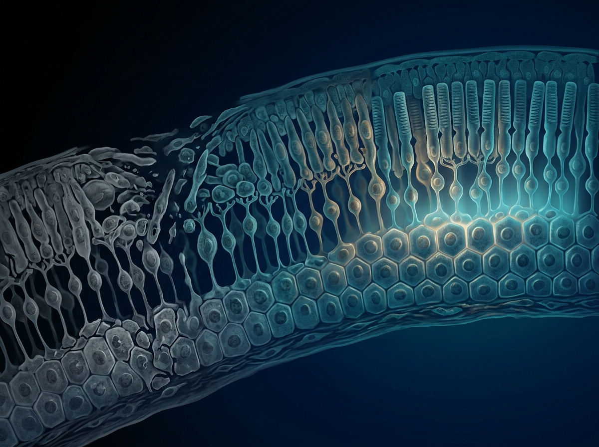 Abstract illustration of retinal cell regeneration, representing stem cell research for macular degeneration treatment